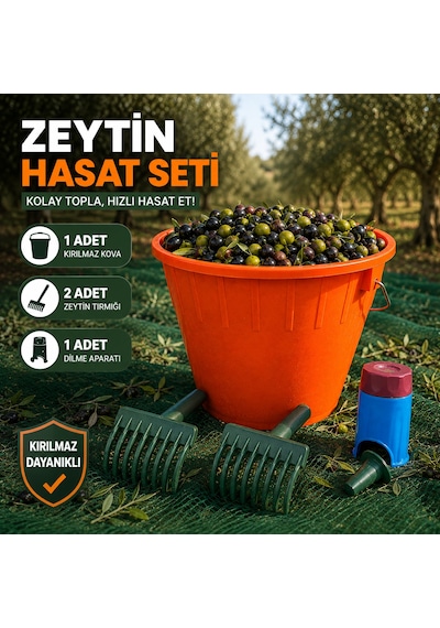 Zeytin Hasat Seti 1 Kırılmaz Kova + 2 Zeytin Tırmığı + 1 Zeytin Dilme Aparatı