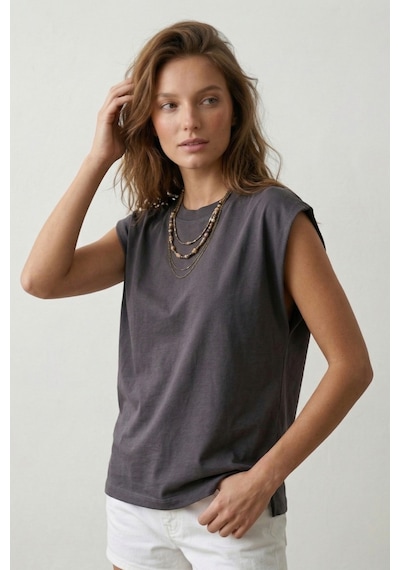 Elemge %100 Pamuk Süprem Tok Kumaş Kadın Oversize Antrasit T-shirt Geniş Omuzlu Dökümlü Kolsuz Bol Kalıp