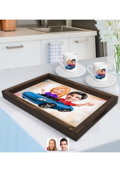 Kişiye Özel Sevgililer Karikatürlü Doğal Ahşap Tepsi Ve 2 Li Kahve Fincan Seti-52