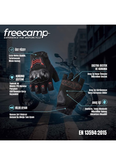 Freecamp Power Yarım Parmak Motosiklet Eldiveni En 13594-siyah-kırmızı