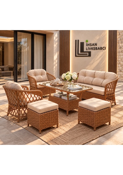 Rattan Bahçe Ve Balkon Takımı Elora Model 3+1+1 Kahverengi - Krem