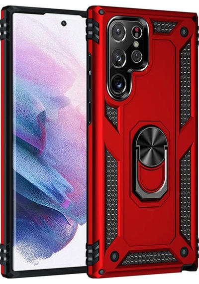 Newface Samsung Galaxy Uyumlu S21 Ultra Kılıf Sofya Yüzüklü Silikon Kapak Semeglbl - 39 - Kırmızı