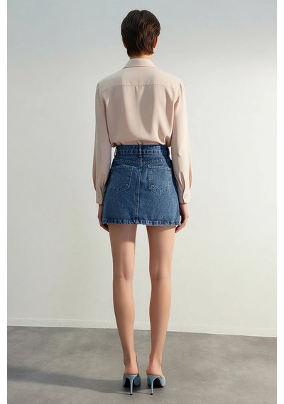 Benerly Kadın Mini Denim Etek Yüksek Bel A-line Kesim Yırtmaçlı Detaylı % Mavi