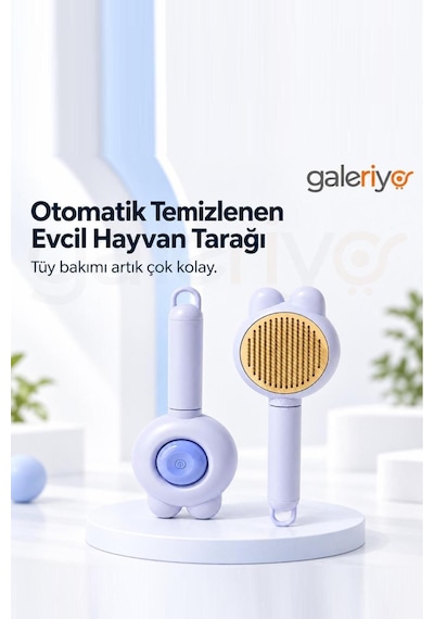Otomatik Temizlenen Kedi Figürlü Evcil Hayvan Tarağı Lila Lıla