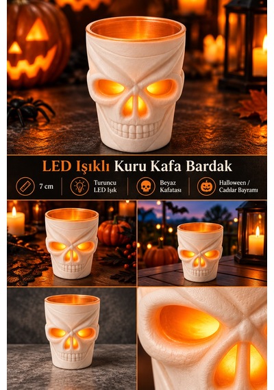 Halloween Cadılar Bayramı Led Işıklı Kuru Kafa Bardak 7 Cm Beyaz Kafatası Ev Ve Parti Dekoru Renkli