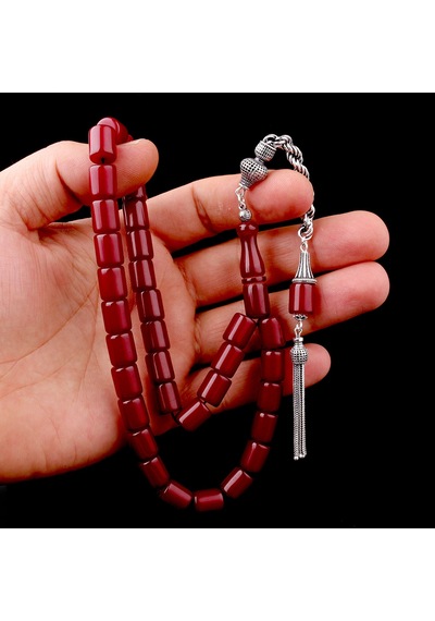 925 Ayar Gümüş Püsküllü Kesme Model Bordo Renk Ateş Kehribar Tesb