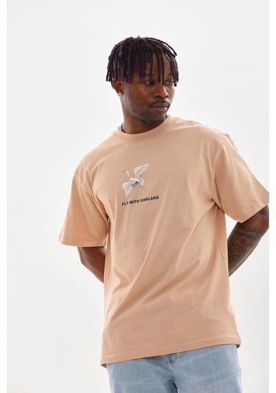 Barlashive Erkek Baskılı T-shirt Kısa Kol Bisiklet Yaka Rahat Kalıp Tişört - Bej Çok Renkli