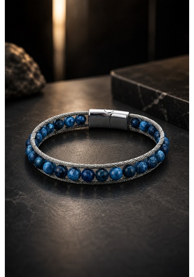 Erkek Çelik Lapis Lazuli Doğal Taş Bileklik Çift Sıra Örgü Tasarım Şık Modern Bileklik Lacivert