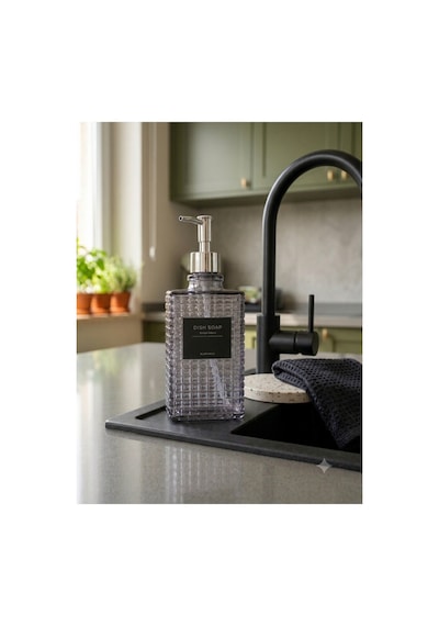 Premium Kare Desenli Silver Pompalı Cam Sıvı Sabunluk 500ml - 23 X 7 X 7 Cm Gri
