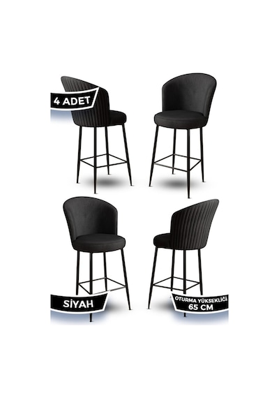 Canisa Alte Serisi 4 Siyah Sandalye 65 Cm Ada Mutfak Bar Sandalyesi Babyface Kumaş Siyah Metal Ayaklı Sandalyeler Siyah Ayaklar Siyah