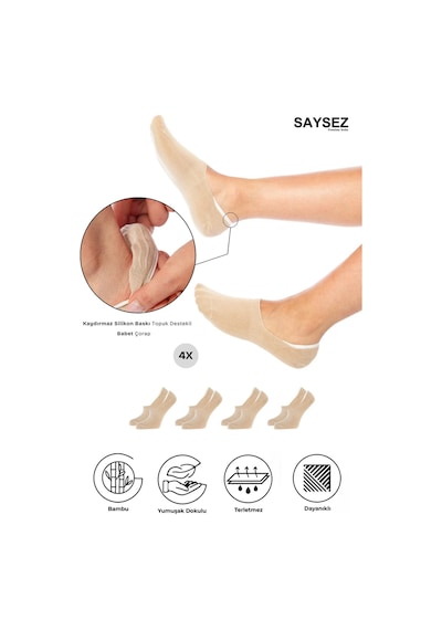 Saysez Bambu Kadın Babet Bej Çorap Dikişsiz Görünmez Kaydırmaz Topuk Silikonlu Premium 4'lü Paket Renkli