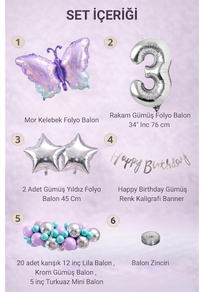 Lila Kelebek Temalı 3 Yaş Doğum Günü Balon Süsleme Seti Lila Gümüş Parti Dekorasyon Seti Gümüş - Mor