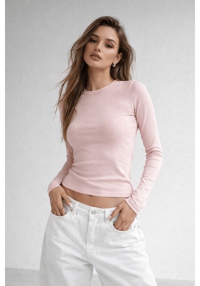 Wild Bee Kadın Toz Pembe Bisiklet Yaka Uzun Kollu Basic Bluz