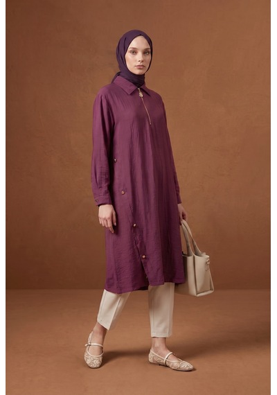 Armine Trend Fermuar Ve Yan Düğme Detaylı Yakalı Uzun Tunik 111 Cm Boy Vişne 26yt447