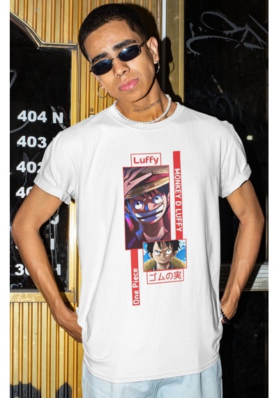 Sevbano Monkey D. Luffy Baskılı Unisex Oversize One Piece Anime Karakter Beyaz