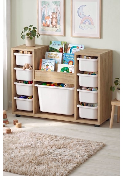 9 Sepetli Dolap Oyuncak Dolabı Çok Amaçlı Dolap Montessori Kitaplıklı Aden Safir Meşe