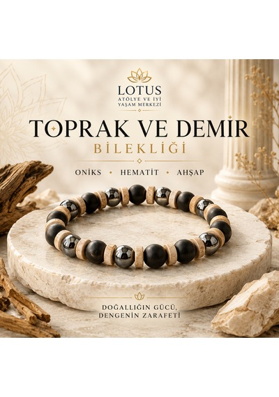 Toprak Ve Demir Premium Bilekliği Oniks, Hematit & Ahşap