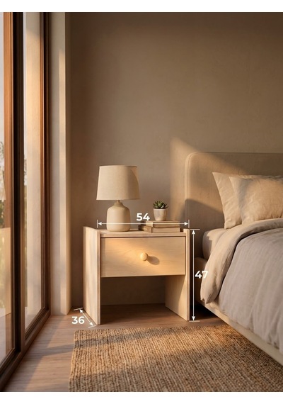 Ahşap Komodin, Tek Çekmeceli Yatak Odası Gece Standı Minimalist Yan Sehpa Açık Bej