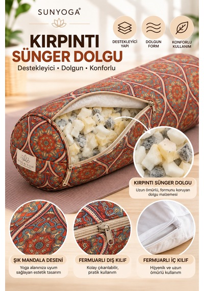 Yoga Bolster 65x22 Cm Silindir Meditasyon Minderi Kırpıntı Sünger Dolgulu Turuncu