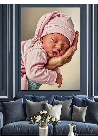 Ahşap Tablo Avuçta Uyuyan Bebek Resmi