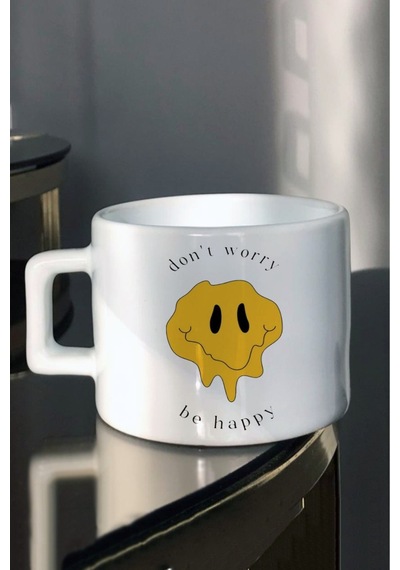 Dont Woory Be Happy Emojili Baskılı Çay Kahve Fincanı Beyaz