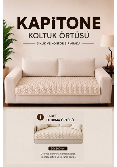 Tek Parça Kaymaz Taban Kapitone Koltuk Örtüsü Çekyat Kanepe Örtüsü 90x200 Krem Krem
