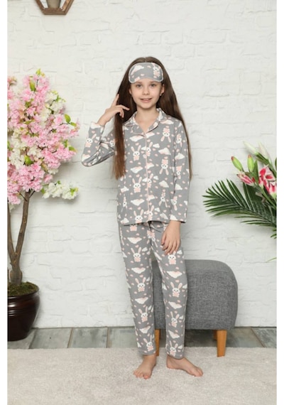 Kız Çocuk Gri Tavşan Desenli Uzun Kollu Pijama Takımı. Göz Bandı Dahildir. Gri - Beyaz