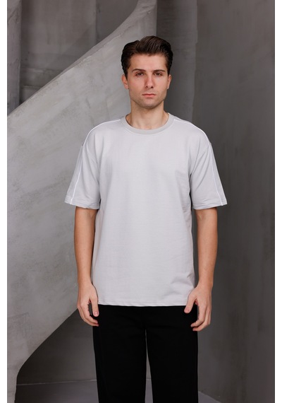 Erkek Şeritli Oversize Bisiklet Yaka 2 İki İplik Kompakt T-shirt Ekru