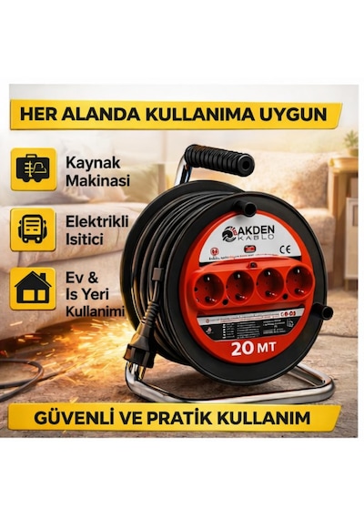 Kablo 20 Metre 3x2,5mm Makaralı Uzatma Kablosu Tam Kesit Kaynak Makinası Kullanıma Uygundur 20 M