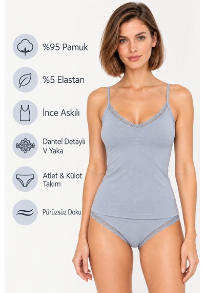 Loule Kadın Mavi Gri Pamuklu Dantelli Atlet Bikini Külot Takımı Çok Renkli