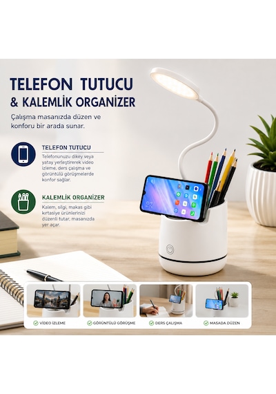 Şarjlı Led Masa Lambası Dokunmatik 3 Modlu Telefon Tutuculu Kalemlik Organizerli Esnek Gövdeli Çalışma Lambası Beyaz