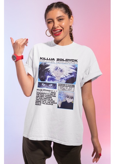 Sevbano Killua Zoldyck Hunter X Hunter Baskılı Unisex Oversize Anime Tişö Beyaz