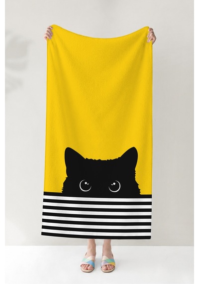 Kedi Temalı Sarı Siyah Çocuk Plaj Havlusu - Çizgili Modern Unisex Hızlı Kuruyan Mikrofiber Havlu Kül Kabuğu
