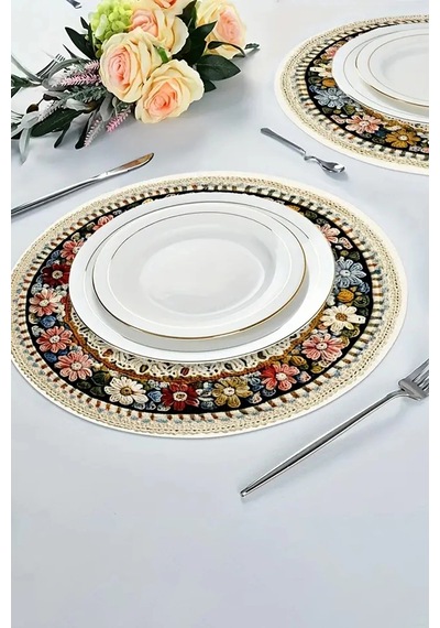 Valerine Life 6 Lı Yuvarlak Amerikan Servis Altlığı 35x35cm Restoran Ev İçin Yıkanabilir Kaymaz Çiçe Renkli