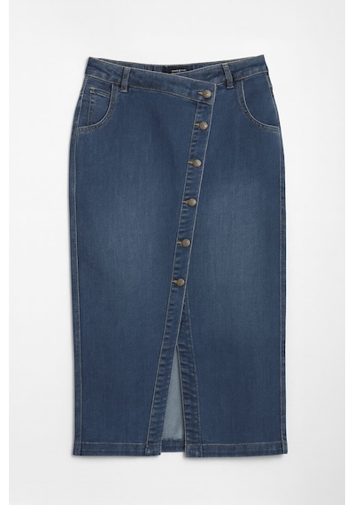 Banny Jeans Önü Yan Düğmeli Midi Boy Likralı Jean Etek Lacivert