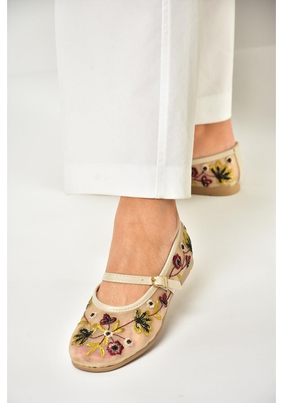 Fox Shoes U267853215 Bej File Çiçek Motifli Kadın Babet Bej-file Bej