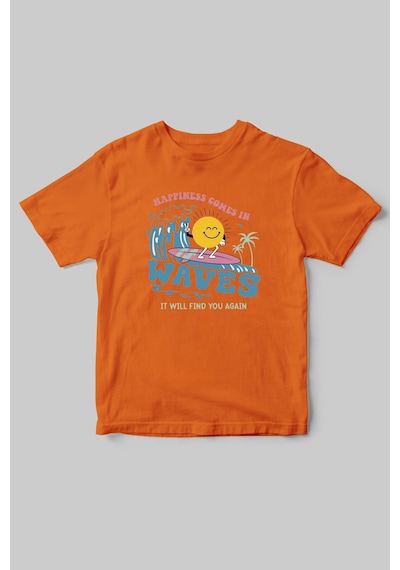 Denizde Sörf Güneş Baskılı Yazlık %100 Pamuk Turuncu T-shirt Turuncu