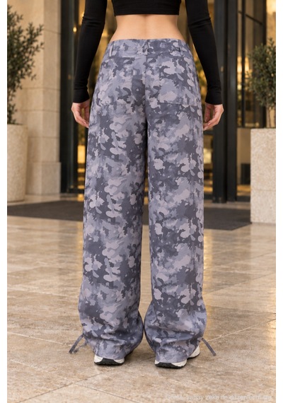 Polo State Kadın Gri Kamuflaj Desenli Bel Ve Paça Bağcıklı Bol Paça Pantolon