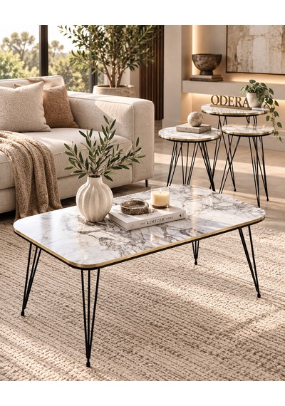 Odera Efes Beyaz Mermer Desenli Orta Sehpa Ve Yuvarlak Zigon Sehpa 4'lü Set Siyah Tel Metal Ayaklı Retro Modern Salon Sehpası Diğer