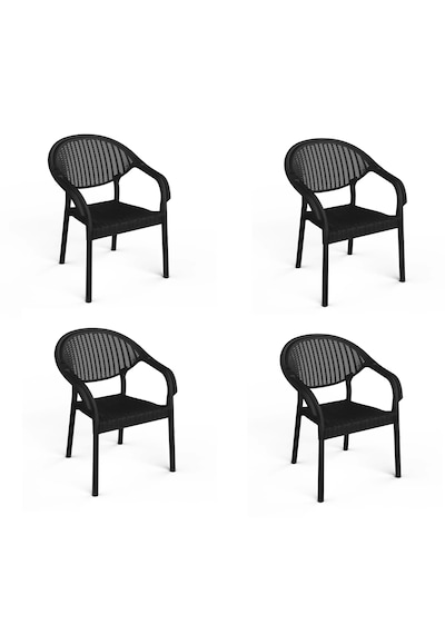 4 Adet Bambu Plastik Rattan Bahçe Balkon Teras Sandalyesi Gizli Metal Profil Ayaklı Kollu Sandalye Siyah