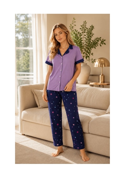 Rindahomewear Kadın Milan Düğmeli Pijama Takımı Mor