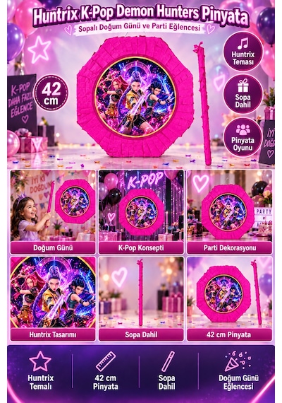 Huntrix K-pop Demon Hunters Pinyata Sopalı Doğum Günü Parti Oyunu Eğlence Ve Dekorasyon Süsü Çok Renkli