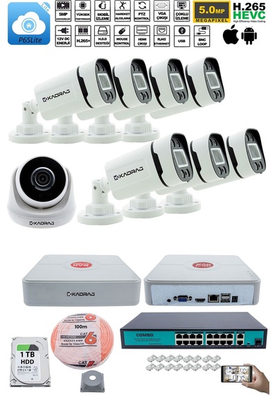 Ip Güvenlik Kamera Seti - 1 İç Mekan Ip Kamera, 7 Dış Mekan Ip Kamera, 1tb H.d.d 9 Kanal Nvr, Gece Görüş, Uzaktan İzleme, Hareket Tabiki, İnsan Tespi