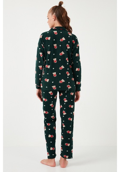 Lela Standart Fit Düğmeli Polarlı Bayan Pijama Takımı 6095615 Yeşil