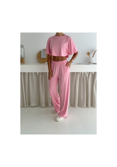 Gugus Yazlık Takım - Alt Üst Kadın Dokulu Kumaş -baggy Pantolon + Salaş Üst Pembe
