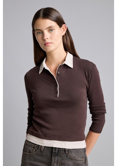 Defacto Slim Fit Kontrast Polo Yaka Ribana Uzun Kollu Basic Tişört I2637ax26aubn340 Kahve-bn340
