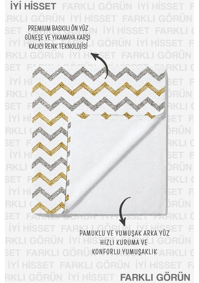 Zikzak Desenli Modern Plaj Havlusu - Geometrik Bohem Beyaz Altın Gri Hızlı Kuruyan Mikrofiber Havlu Eski Dalgası