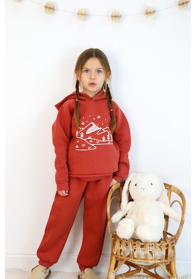 Miababy 3 İp Baskılı Kapüşonlu Şardonlu İkili Takım Kiremit