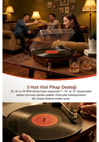 Taşınabilir Şarjlı Retro Pikap - Bluetooth, Aux Girişli, Dahili Hoparlörlü Ahşap Plak Çalar + Yedek İğne 1 Adet