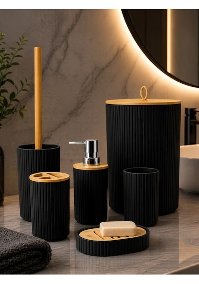 6 Lı Banyo Seti Sabunluk Diş Fırçalık Sıvı Sabunluk Çöp Kovası Tuvalet Fırçası Organizer Siyah